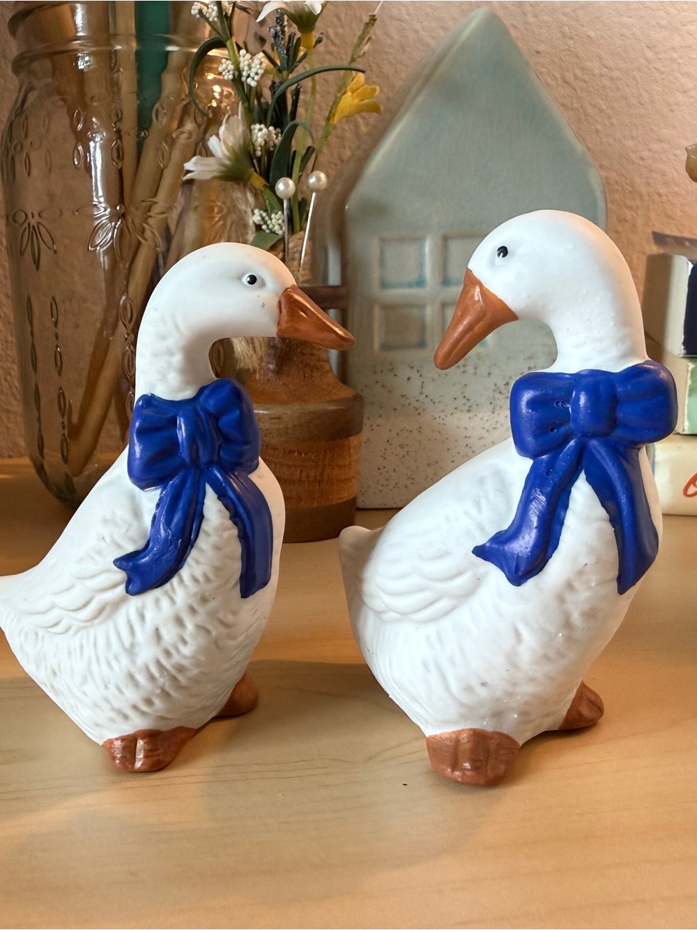 Pair of Ceramic White Ducks with Blue Bows